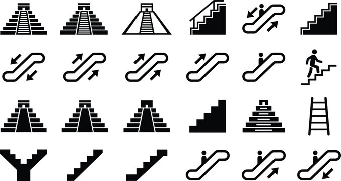 Set of black line vector icons representing stairs, escalators, steps, ladders, ancient pyramids, architecture, climbing, and vertical transportation concepts.