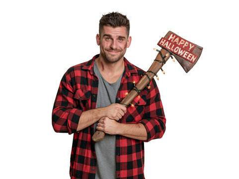 Smiling Lumberjack Man in Plaid Shirt Holding Lighted Axe with Happy Halloween Sign isolated on transparent or white background, png