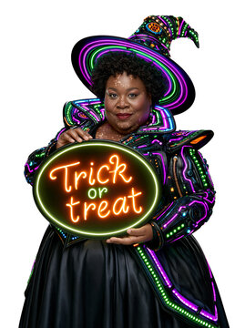 Plus Size Witch Woman in Cyberpunk Neon Costume Holding Trick or Treat Sign isolated on transparent or white background, png