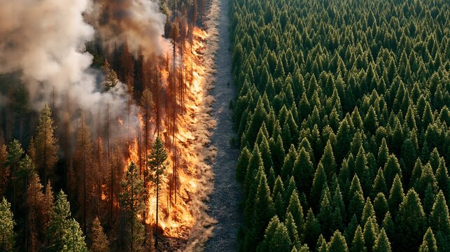 Aerial view of an advancing wildfire front burning through forest while a firebreak limits spread, concept of wildfire containment, emergency management and climate resilience