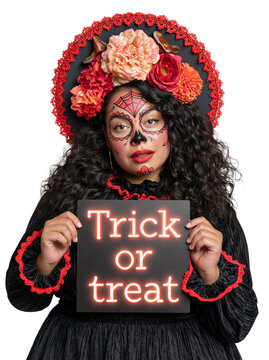 Woman with Day of the Dead Makeup and Floral Headdress Holding Trick or Treat Neon Sign isolated on transparent or white background, png