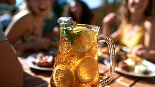 Refreshing Iced Tea Pitcher at Outdoor Summer Gathering