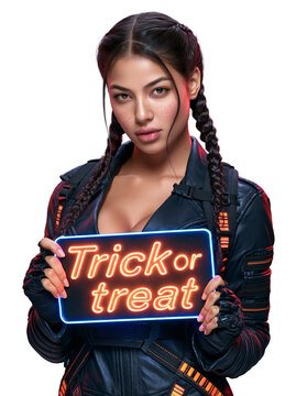Beautiful Woman with Braids in Leather Jacket Holding Trick or Treat Neon Sign isolated on transparent or white background, png
