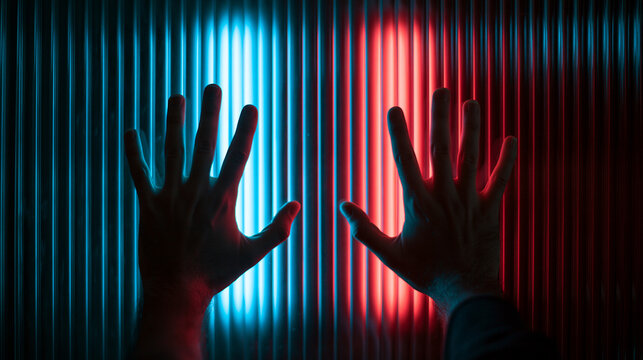 Silhouette Hands Pressing Against Neon Light Barrier