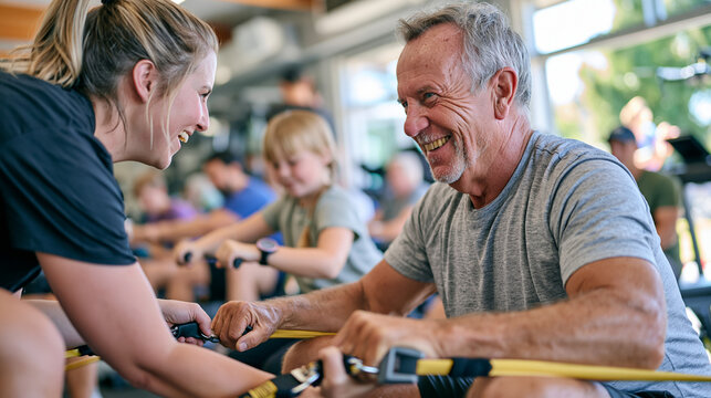 Mobility coach assists an elderly grandfather through a resistance band exercise in a crowded community gym, intergenerational framing showing a grandchild timing the reps on a stopwatch nearby, dro