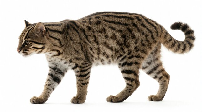 Wild fishing cat walks on white background. Spotted animal moves with stealthy grace. Predator feline explores environment carefully. Exotic creature striped coat, alert expression. Small carnivorous