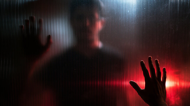 Silhouette Hand Against Red Light Behind Glass