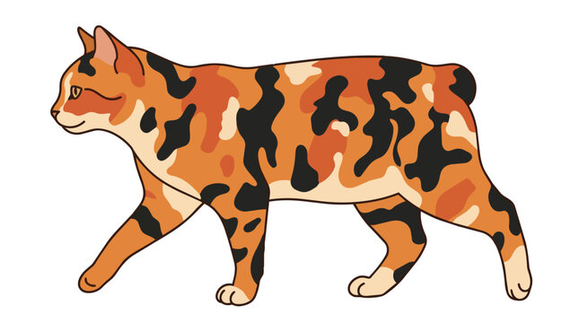 Beautiful Walking Calico Bobtail Cat Vector Illustration Isolated on White Background for Feline Graphics