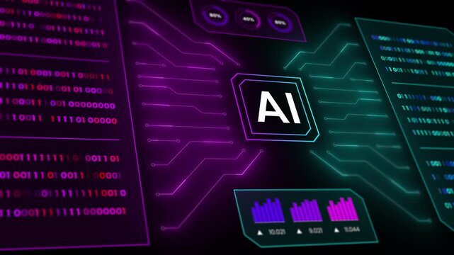 Glowing AI logo interface with artificial neural network paths, circuit lines, and analytics charts.