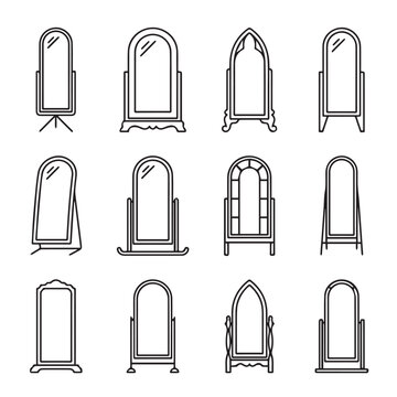 Collection of standing mirrors with decorative frames in a clean white background vector illustration