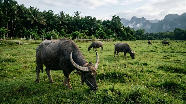 Water buffaloes grazing in a lush green field with mountains in the background.