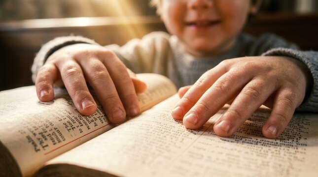 child hands resting on open pages of vintage holy bible in warm sunlight, representing religious education, spiritual learning, christianity, faith, and passing down traditions.