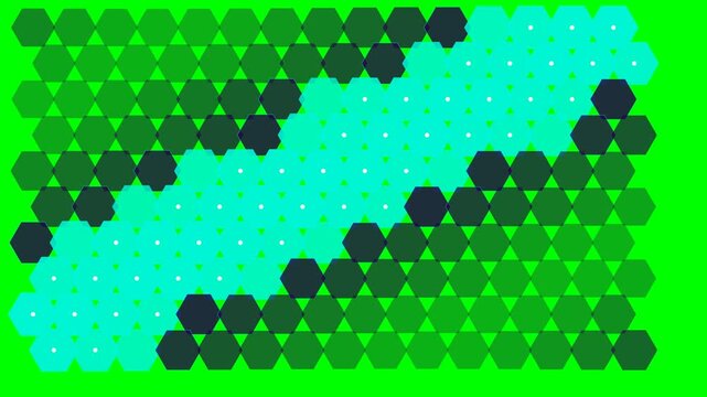 Abstract geometric pattern featuring a grid of vibrant green and blue hexagons