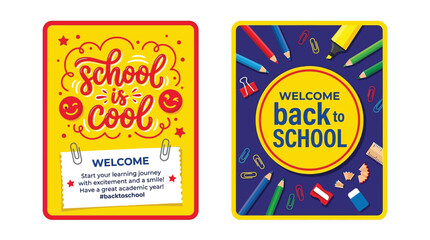 Obraz premium Colorful back to school vector graphic illustration with stationery items