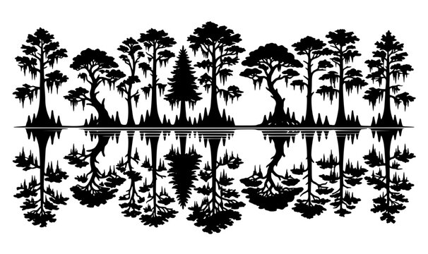 Southern swamp cypress trees vector landscape with black silhouette bayou nature water reflection