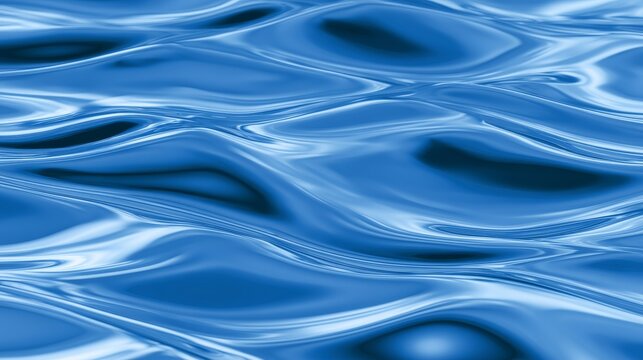 Abstract blue liquid water surface with smooth ripples and soft reflections creating a fluid wavy texture background, modern design element, calm ocean atmosphere, and digital backdrop concept