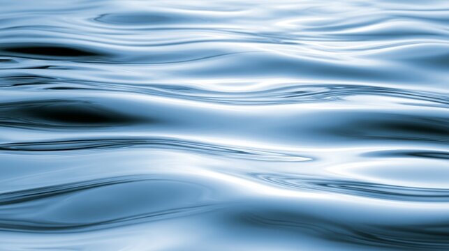 Abstract blue liquid water surface with smooth ripples and soft reflections creating a fluid wavy texture background, modern design element, calm ocean atmosphere, and digital backdrop concept