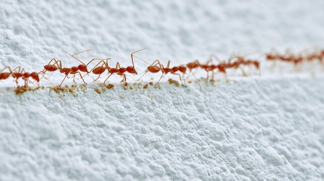 Close up macro view of small ants marching in line on textured white wall, carrying food particles and debris, showing teamwork, insect behavior, pest control, and nature concepts