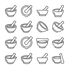 Obraz premium Mortar and Pestle icons in a clean grid arrangement on a white background with simple line art style