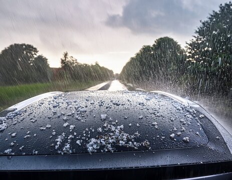 the hood and windshield of a car is pelted with rain and hail a hailstorm low angle hail damaged car hail damaged property