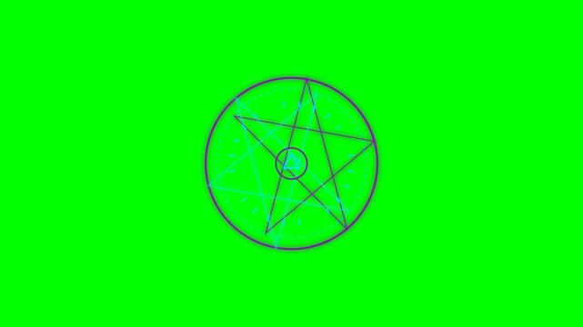 A glowing blue pentagram symbol centered on a vibrant solid green background