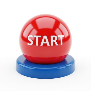 Glossy red start button with white text isolated on a white background