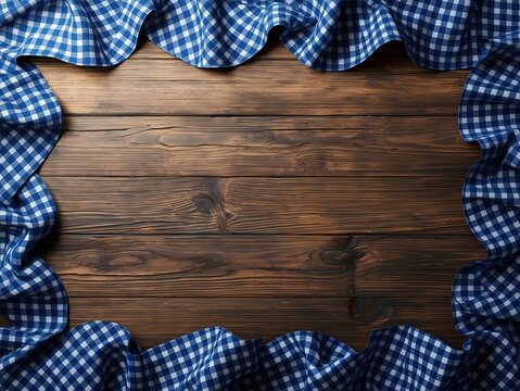 Blue Gingham Napkin Border on Rustic Wooden Table with Copy Space