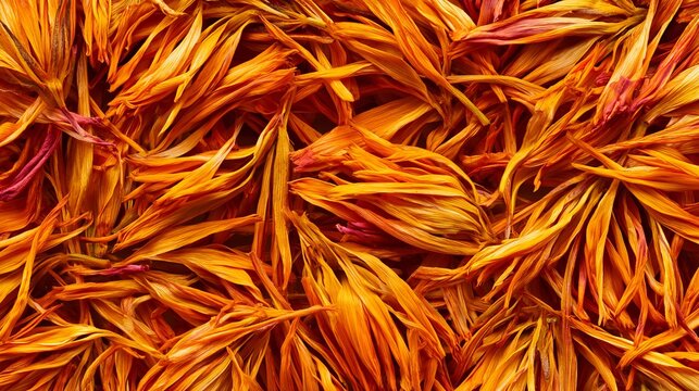 Full frame close up of dried marigold petals filling the entire composition, showing natural floral texture, botanical details, herbal material, warm tones, and organic background concept