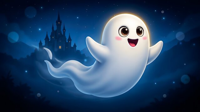Cute cartoon ghost flying at night. Happy spirit character near a spooky castle background.