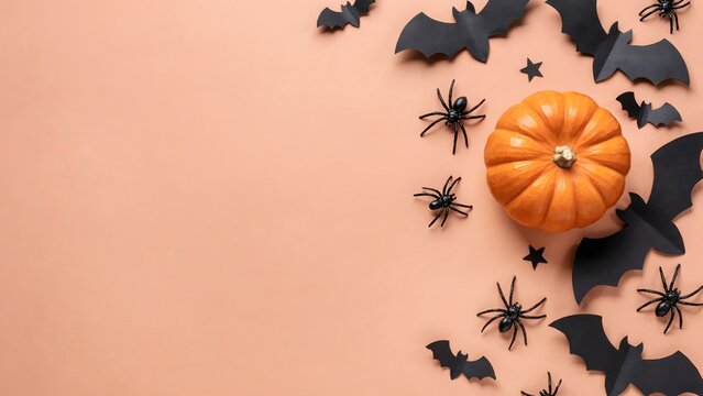 Halloween pumpkin with paper bats and spiders. Festive autumn holiday flat lay background.