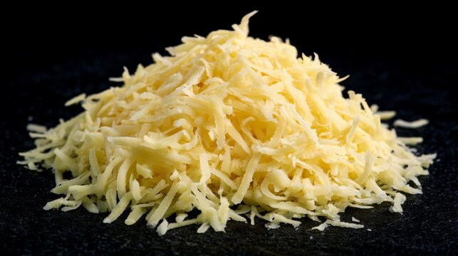 Macro close up of freshly grated cheese pile on dark background, showing rich texture, dairy ingredient details, cooking preparation, food freshness, and gourmet cuisine concept