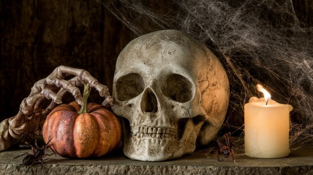 Happy Halloween tabletop composition with weathered skull, skeletal hand holding small pumpkin, spider web, candlelight, and spooky decorations creating a mysterious horror festival atmosphere