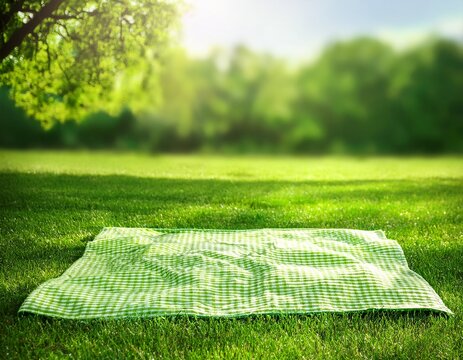 green picnic blanket on fresh spring grass with lush outdoor background