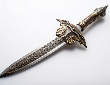 medieval dagger with ornate handle white isolate background white background