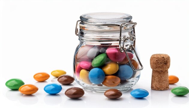 glass jar filled with colorful candy coated chocolates cork stopper isolated on white background