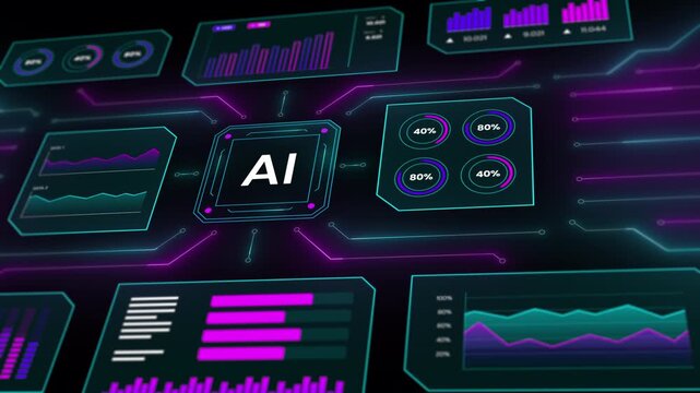 Close up shot of AI indicator meters displaying system status, progress bars, and percentage units.