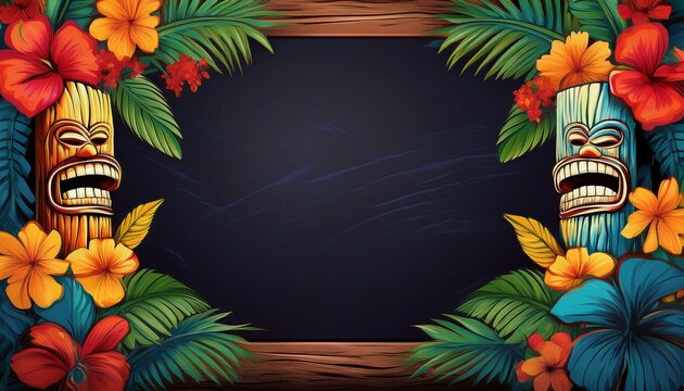 a hawaiian tiki theme sign for a custom message or design a rustic black texture chalkboard custom type graphics a border of palm leaves flowers and wood masks sign tile vertical