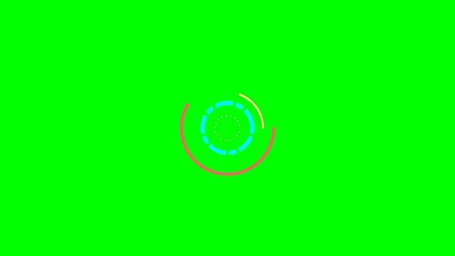 Abstract concentric colorful circles spinning on a solid green background