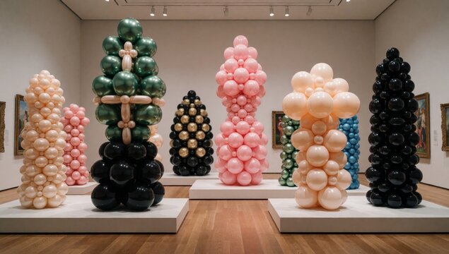 Group tall cylindrical sculptures made balloons arranged row white pedestals art gallery wooden floor walls ea