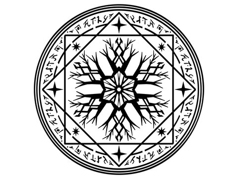 背景透過の氷属性・雪の結晶の魔法陣イラスト（透過PNG・ラインアート・切り抜き不要・素材）：Ice element magic circle with central snowflake. Summoning circle PNG on transparent background, line art.
