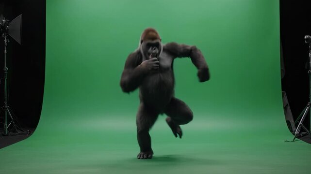 Gorilla dancing dynamically in studio with green screen background and spotlights
