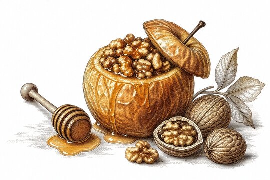 Vintage engraved baked apple filled with honey and walnuts still life illustration