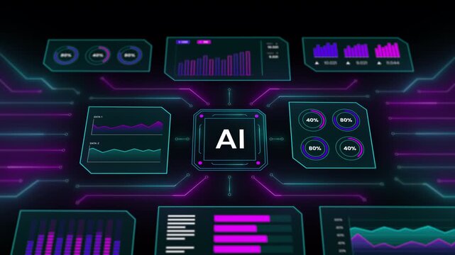 Flat front facing layout of an AI analytics monitor showing percentage meters and line charts.
