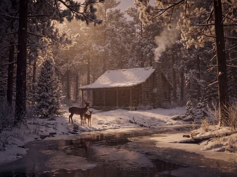 Log Cabin in Snowy Forest with Deer and Fawn by Stream