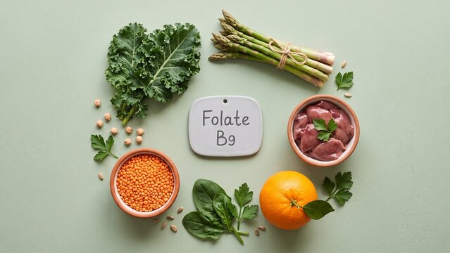 Top food sources rich in folate or vitamin B9, including lentils, liver, spinach, orange, and asparagus
