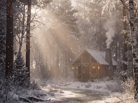 Cozy Wooden Cabin in Snowy Forest with Chimney Smoke and Sunbeams