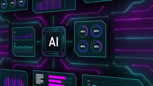 Close up view of AI processor core surrounded by circular percentage status indicators and meters.