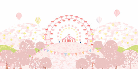 Cherry blossom landscape with ferris wheel and carnival tent vector illustration © Provhash