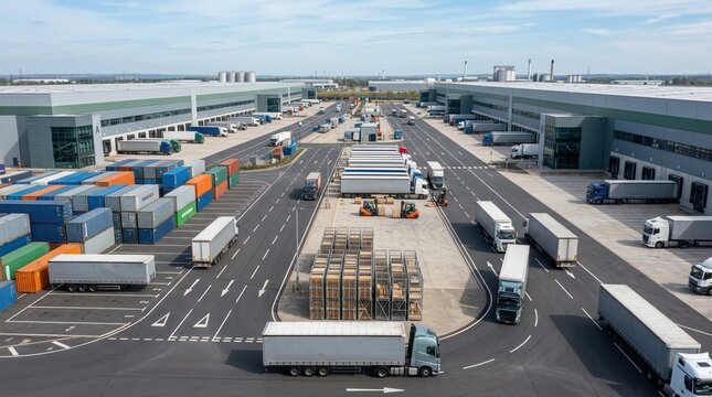 Resilient sourcing concept with twin warehouse buildings, container stacks, cross-dock trailer bays, pallet cages, and converging freight routes.