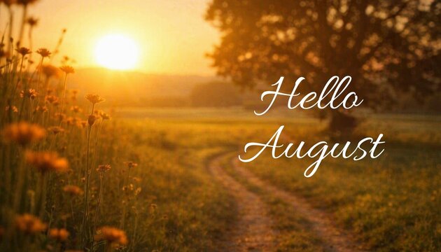 Hello August &mdash; golden sunrise over a countryside with wildflowers and large tree in soft morning light. Late summer. Seasonal greetings, calendars, or postcards. Social media post.